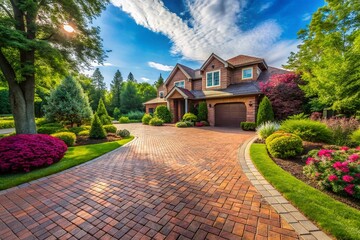 Fototapeta premium Elegant Paver Brick Driveway Leading to a Beautiful Home Surrounded by Lush Green Landscaping
