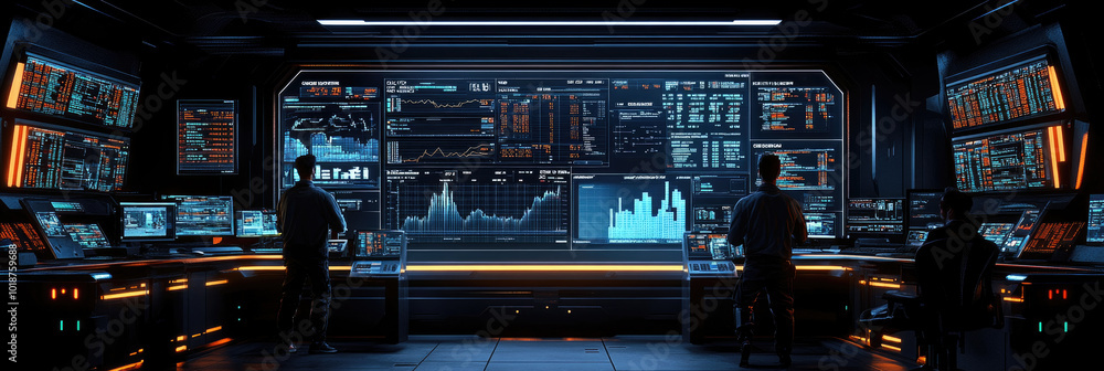 Poster analysts are focused on data visualization screens, interpreting trends and making decisions in a hi
