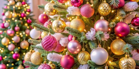 Elegant Pink and White Gold Christmas Tree Decorated with Ornaments for a Festive Holiday Atmosphere