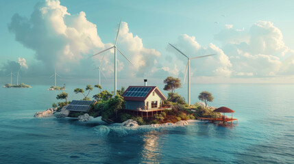 A remote island powered by a renewable energy microgrid, featuring sleek solar panels and wind turbines integrated into modern infrastructure. Bright and eco-friendly visuals.