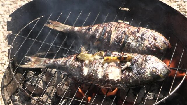 cuisson de deux poissons, dorades au barbecue	