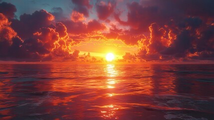 Vibrant sunset over the ocean with colorful clouds reflecting on calm waters during twilight hours