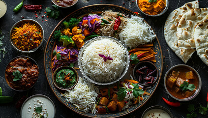 A vibrant Thali platter with delicious, colorful dishes and traditional accompaniments
