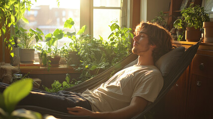 Obraz premium A man enjoys a peaceful moment in a hammock, surrounded by houseplants as sunlight streams through the window in the afternoon