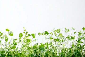 Render a captivating image of microgreen vegetables including sunflower sprouts and pea shoots, showcasing intricate details and textures, all against a stark white background.,