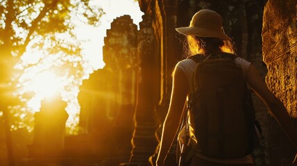 Traveler exploring ancient temple ruins during a stunning sunset.