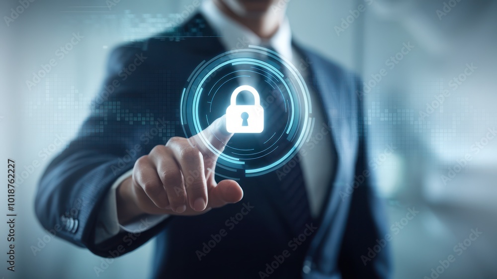 Poster businessman in a suit interacting with a digital lock icon on a futuristic interface, emphasizing se