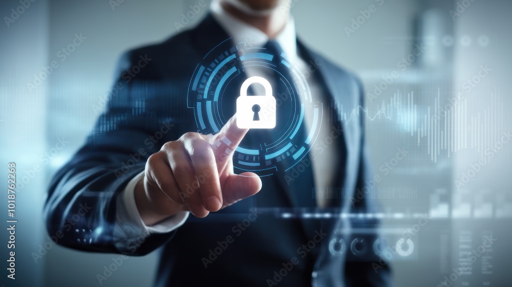 Poster businessman interacting with a digital lock interface, emphasizing cybersecurity and data protection