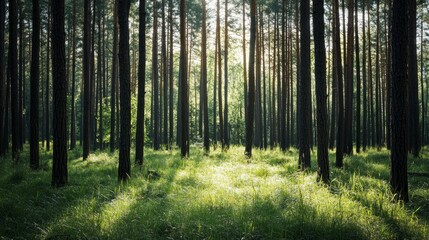 Obraz premium Sun rays illuminate a dense pine forest with green grass in the foreground.