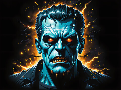 Halloween Frankenstein Monster T-Shirt Design: Sparks, Power & Photorealism