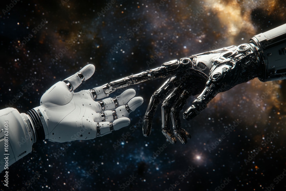 Fototapete a human and robot hand working together in space, portraying a sense of unity and efficiency use cg 