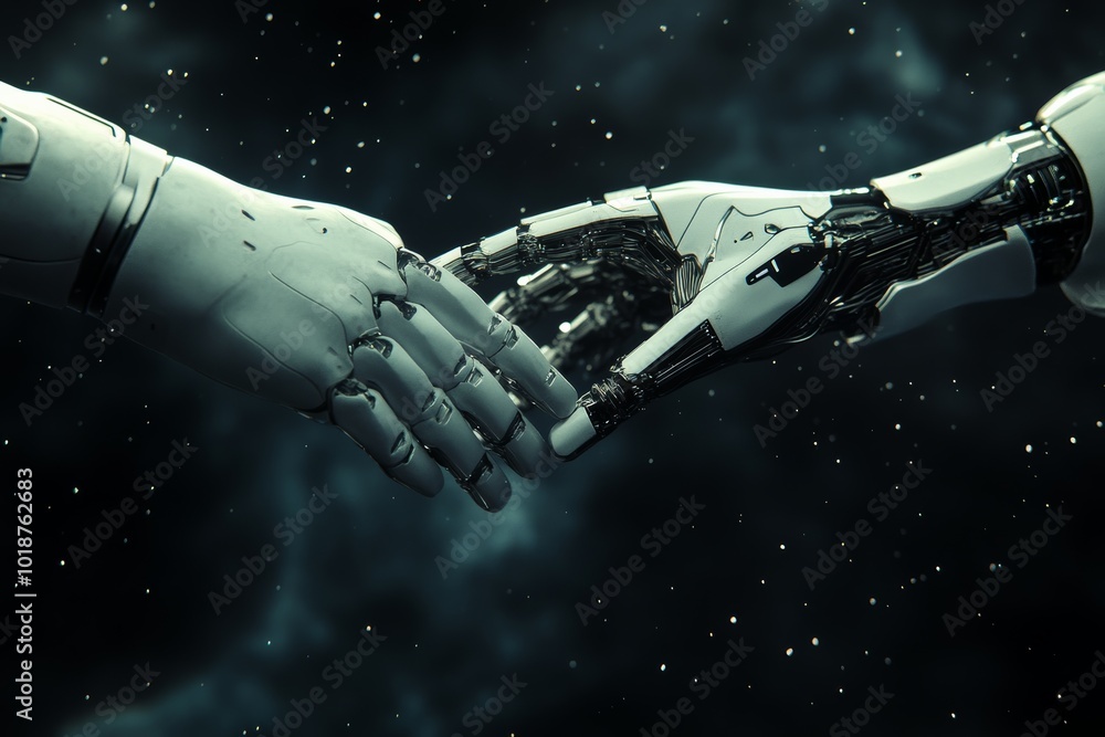 Fototapete human and robot hand working together in space, portraying a sense of unity and efficiency use cg 3d