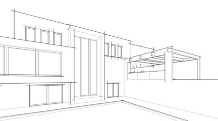 Architectural sketch drawing of modern house 3d illustration 3d rendering