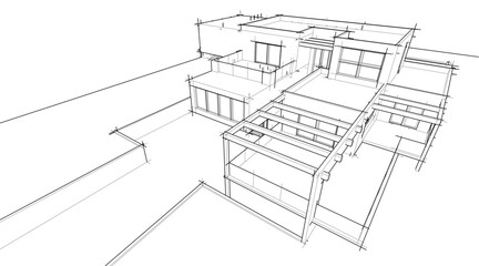 Architectural sketch drawing of modern house 3d illustration 3d rendering
