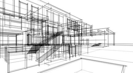 Architectural sketch drawing of modern house 3d illustration 3d rendering