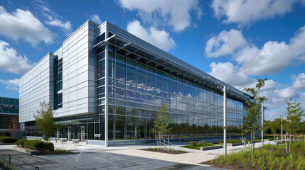 Obraz premium A research center dedicated to exploring renewable resources technology, with scientists working on solar, wind, and hydropower innovations. High-tech, clean design.