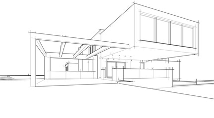 Architectural sketch drawing of modern house 3d illustration 3d rendering