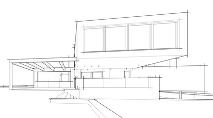 Architectural sketch drawing of modern house 3d illustration 3d rendering
