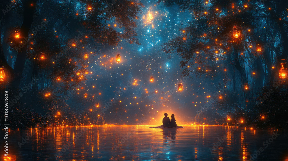 Poster two individuals sit on a floating platform in a calm lake, surrounded by shimmering lanterns that cr