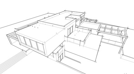 Architectural sketch drawing of modern house 3d illustration 3d rendering