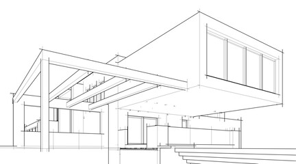 Fototapeta premium Architectural sketch drawing of modern house 3d illustration 3d rendering