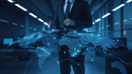 A business professional stands with a digital world map overlay, illustrating global connections and technology in a professional office environment.