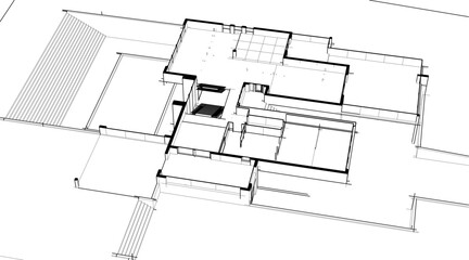 Architectural sketch drawing of modern house 3d illustration 3d rendering
