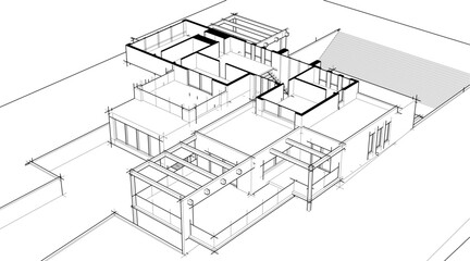 Architectural sketch drawing of modern house 3d illustration 3d rendering