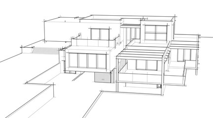 Architectural sketch drawing of modern house 3d illustration 3d rendering
