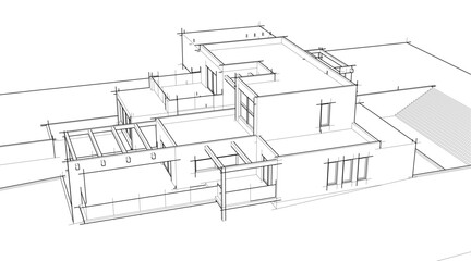Architectural sketch drawing of modern house 3d illustration 3d rendering