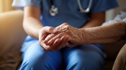 A compassionate nurse holding the hands of an elderly patient, showcasing empathy and care in a serene healthcare environment, emphasizing the connection between caregiver and pati