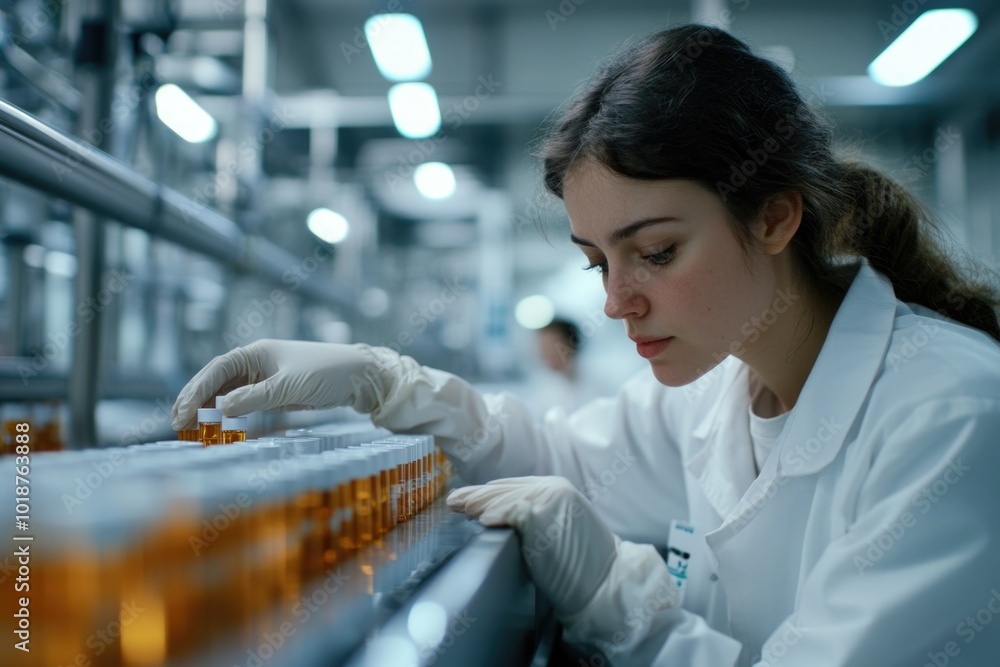 Poster a woman in a lab coat operating machinery in a laboratory setting