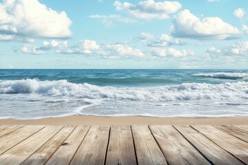 Fototapeta premium Empty natural summer beach view with ocean waves and wooden deck in the foreground, summer vacations background with generative ai