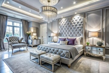 Elegant Silver and White Luxury Bedroom Interior Design with Modern Furniture and Sophisticated Decor