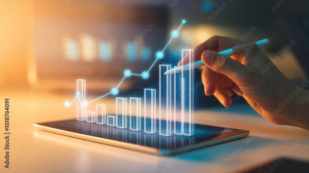Poster a hand analyzing data trends on a tablet screen, showcasing a digital graph with upward movement, sy