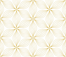 Gold vector geometric seamless pattern with floral silhouette, curved lines. Repetitive texture.