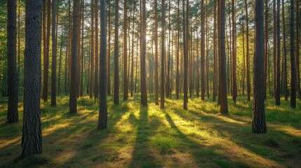 Sunbeams shining through the trees in a dense pine forest.