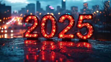 New Year's Eve celebration in a city with illuminated numbers 2025 glowing at dusk