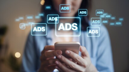 A person holding a smartphone with floating advertisements displayed on the screen, illustrating the impact of digital marketing in today's world.