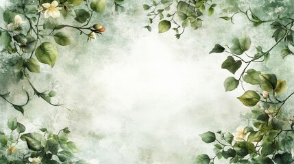 Watercolor Illustration of a Floral Border with Green Leaves and White Flowers