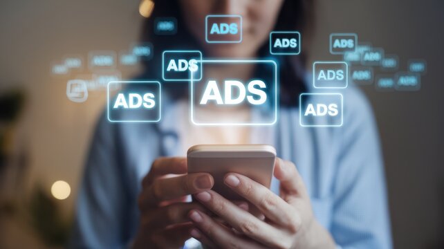 A person holding a smartphone with floating advertisements displayed on the screen, illustrating the impact of digital marketing in today's world.