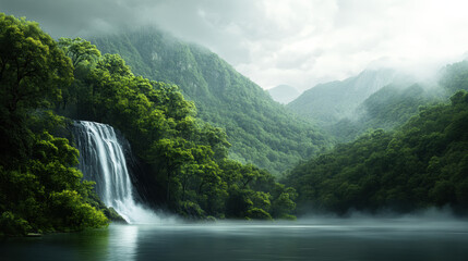 misty waterfall cascading through dense forest creates serene and tranquil atmosphere. lush greenery and soft mist enhance beauty of this natural landscape, inviting peace and reflection