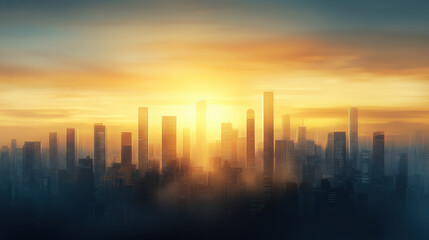 Fototapeta premium modern cityscape at sunrise with skyscrapers silhouetted against vibrant sky, creating stunning visual of urban beauty and tranquility