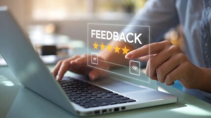A person providing digital feedback on a laptop, showcasing a user interface with star ratings, emphasizing the importance of customer reviews and engagement.