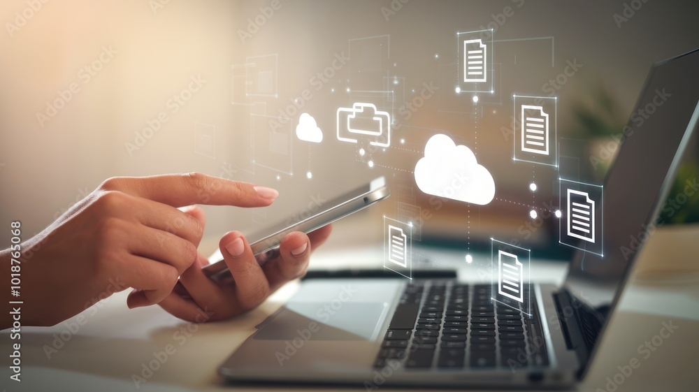 Poster a person using a smartphone while accessing cloud data on a laptop, illustrating modern technology i