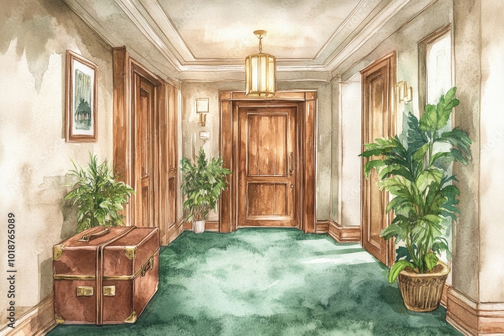 Poster a hallway featuring a bright green carpet and possibly suitable for interior design or architecture 