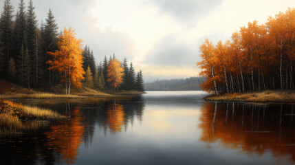 Obraz premium serene lake reflects vibrant autumn trees, creating picturesque landscape. calm waters and colorful foliage evoke sense of tranquility and natural beauty
