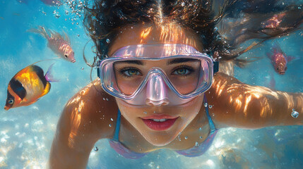 A young woman wearing a snorkel mask explores a lively coral reef while colorful fish swim gracefully around her in clear blue waters