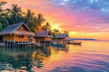 Obraz premium Two small houses situated on stilts over a calm body of water