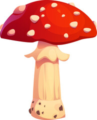 Cartoon amanita muscaria autumn mushroom with vibrant red spotted cap and a white stem. Isolated vector woodland toadstool, forest ecosystem plant. Fly agaric fungus, biodiversity species